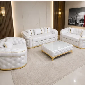 Luxury White Chesterfield 3+2+1 Seater Sofa Set with Gold Trim | Modern Velvet Sofa UK