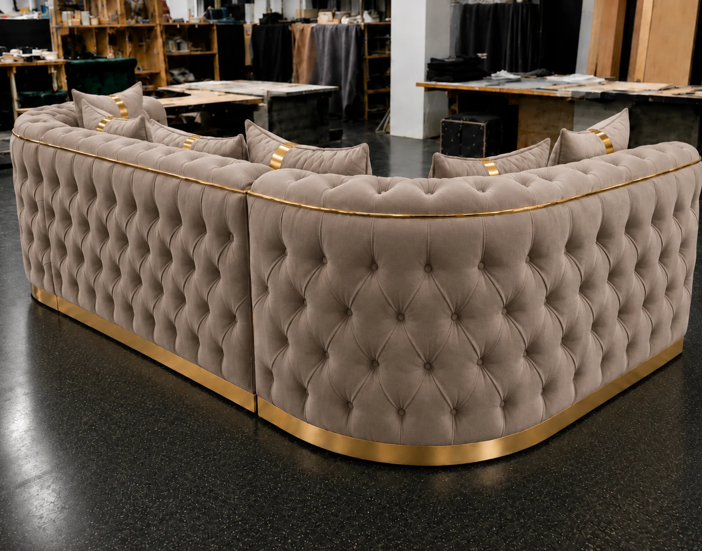 Imperial Tufted Corner mink Sofa with Gold Accents | Luxury L-Shaped Velvet Chesterfield Sofa UK - Image 4