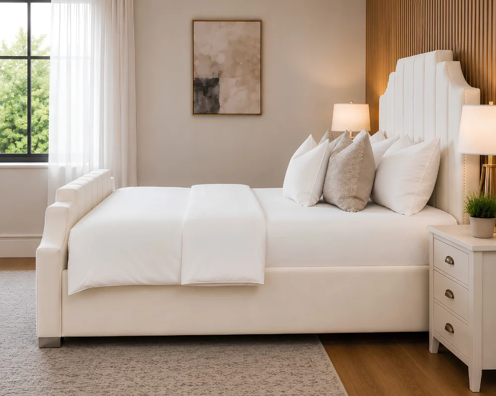 Elegant Cream Arizona Super King Bed – Plush Upholstered Platform Frame with mattress - Image 3