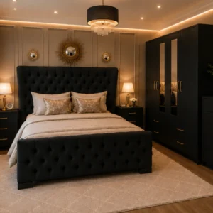 Wooden Bedroom Set with King Size Bed – with Four Door Wardrobe With Four Drawer - Chest of Five Drawers With Two Bed Side Table