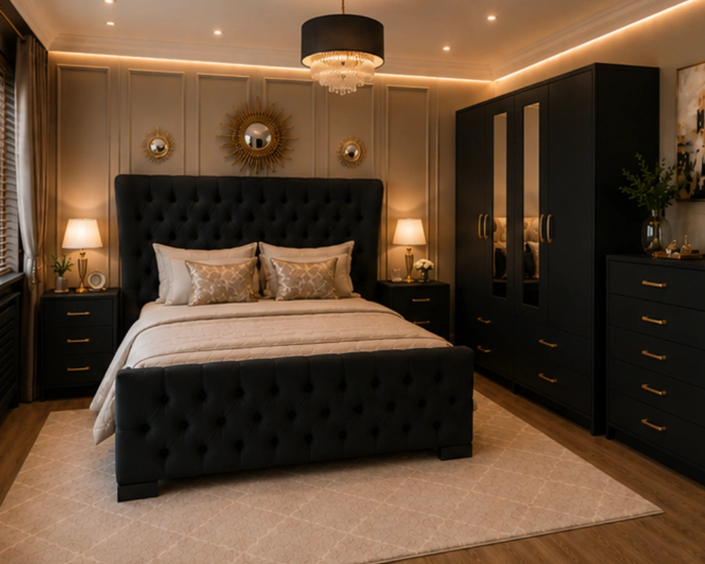 Wooden Bedroom Set with King Size Bed – with Four Door Wardrobe With Four Drawer - Chest of Five Drawers With Two Bed Side Table