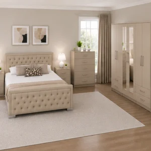 Premium Double Bed Furniture Set - 6 Door Wardrobe with 4 Drawers, Chest of 5 Drawers & 2 Bedside Tables