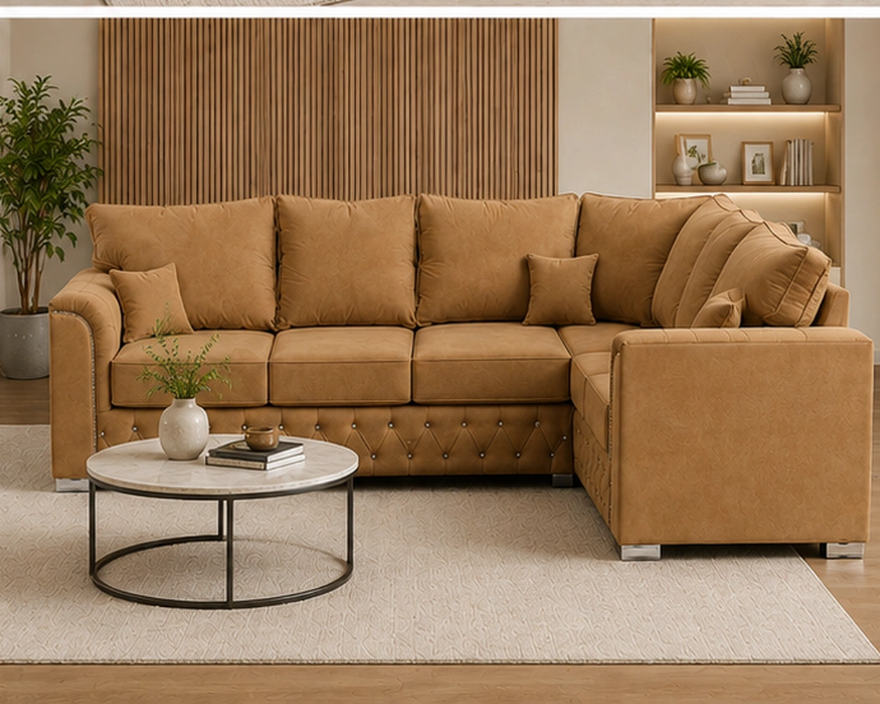 Luxury Camel Brown L-Shaped Corner Sofa – Modern Tufted Fabric Sectional - Image 2