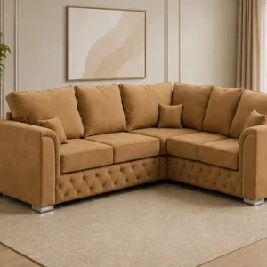 Luxury Camel Brown L-Shaped Corner Sofa – Modern Tufted Fabric Sectional