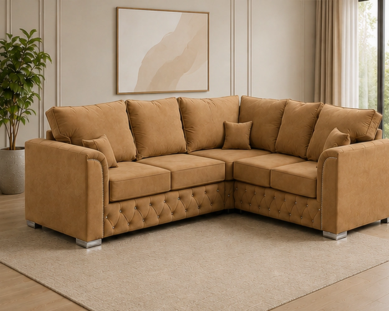 Luxury Camel Brown L-Shaped Corner Sofa – Modern Tufted Fabric Sectional