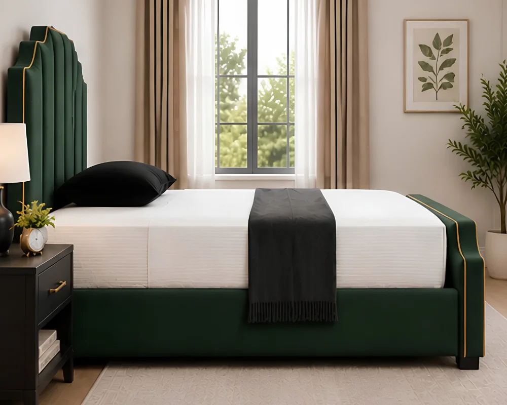 Arizona Designer Super King Bed Frame in Green – Premium Velvet Finish with mattress - Image 3
