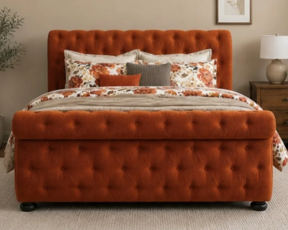 Luxury Orange King Size Sleigh Bed (5ft) – Button Tufted Bed Frame with mattress - Image 2