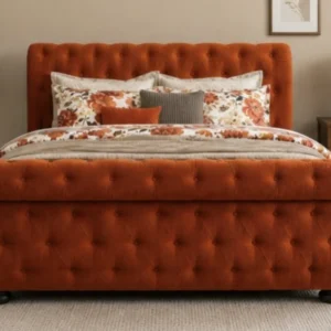 Luxury Orange Velvet Bed Frame-200 × 200 cm Upholstered Bed, with mattress