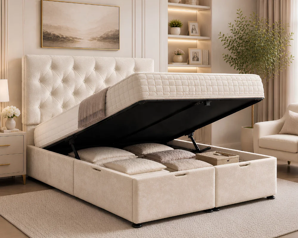 Beige Ottoman King Bed – Modern 180×200cm Frame with Lift-Up Storage