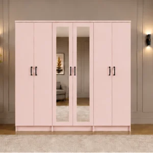 Modern 6-Door Wardrobe Elegant Pink Finish - 2 Mirrors - Spacious Storage