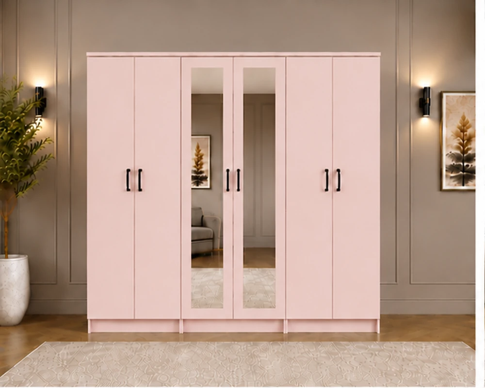 Modern 6-Door Wardrobe Elegant Pink Finish - 2 Mirrors - Spacious Storage