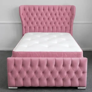 Blush Pink Oxford Single Bed with Mattress – Elegant 3ft Upholstered Design
