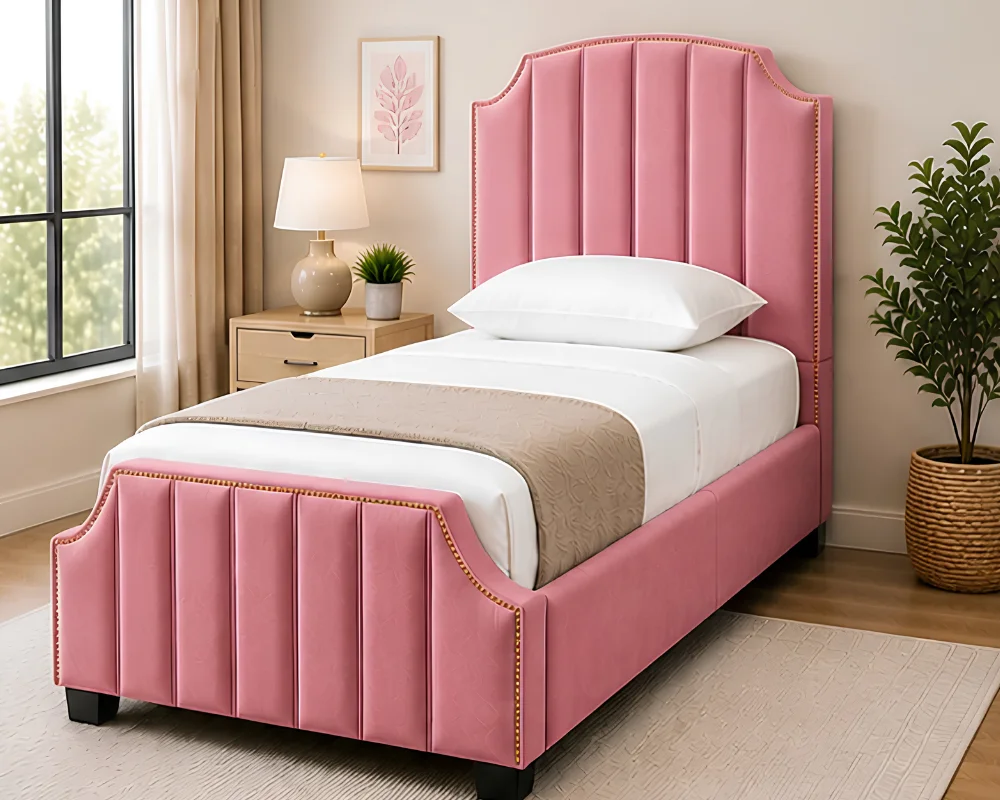 Arizona Blossom Pink Upholstered Single Bed with Vertical Panel Headboard (3ft)-Bed with Mattress - Image 2