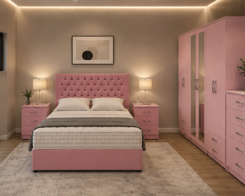Contemporary Bedroom Set - King Size Bed Frame - Six Door Wardrobe - Five Drawer Chest - Two Bedside Tables