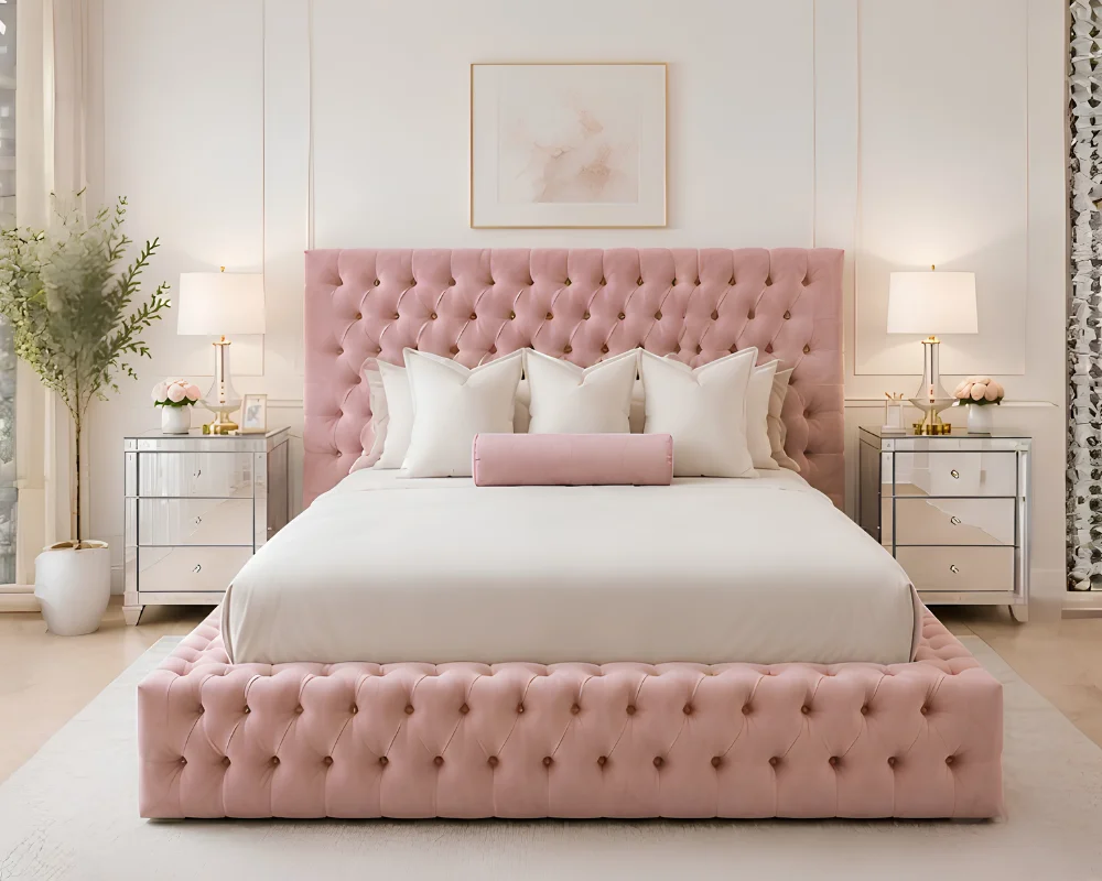 Pink Velvet Palace – Luxury 200 × 200 cm Upholstered Bed with mattress