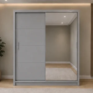 Large Modern Sliding Door Wardrobe with Mirror – Stylish Bedroom Storage Solution with Spacious Hanging Area, Multiple Shelves, Durable Construction and Space-Saving Design