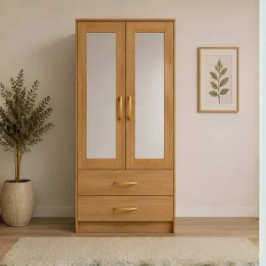 Compact 2 Door Wardrobe with Hanging Rail & Mirror with Oak colors - SpaceSaver Two Door Wardrobe with Dual Mirrors