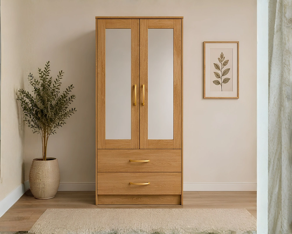 Compact 2 Door Wardrobe with Hanging Rail & Mirror with Oak colors - SpaceSaver Two Door Wardrobe with Dual Mirrors