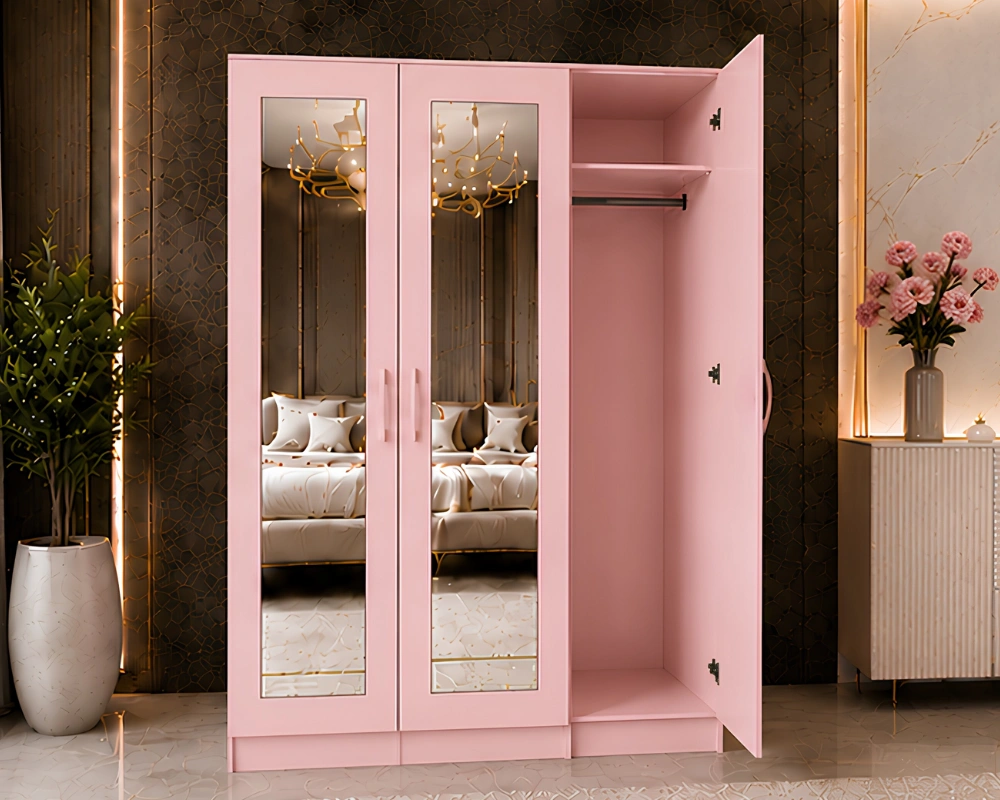 Modern Pink 3 Door Wardrobe with Full-Length Mirrors – Stylish Bedroom Furniture - Image 3