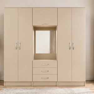 Modern Beige Wardrobe with Centre Mirror – Premium Six Door Bedroom Furniture
