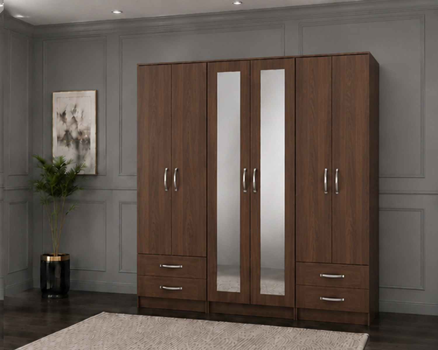 Elegant Bedroom Wardrobe with Large 6 Door Storage Design | Modern Mirrored Wardrobe with Practical Drawers and Hanging Rails - Image 2