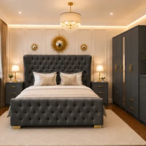 Master Bedroom Double Bed Set With Five Door Wardrobe With One Long Mirror - Chest of Five Drawers With Two Bed Side Table