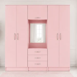 Dusty Pink 6 door Wardrobe with Mirror & Drawers – Chic Furniture for Modern Bedrooms