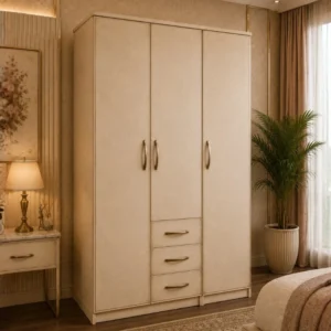 Cream 3 Door Wardrobe with 3 Drawers – Modern Bedroom Storage Cabinet