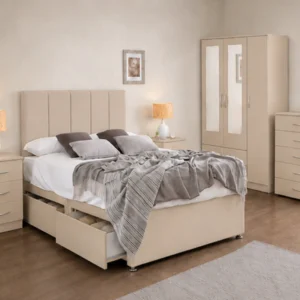 Premium Beige King Size Bedroom Set 3 Door Wardrobe With Four Drawer - Chest of Five Drawers With Two Bed Side Table