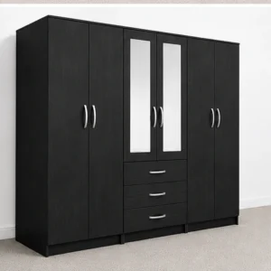 6 Door Black Wardrobe with 3 Drawers & Double Mirrors – Modern Bedroom Storage Cabinet