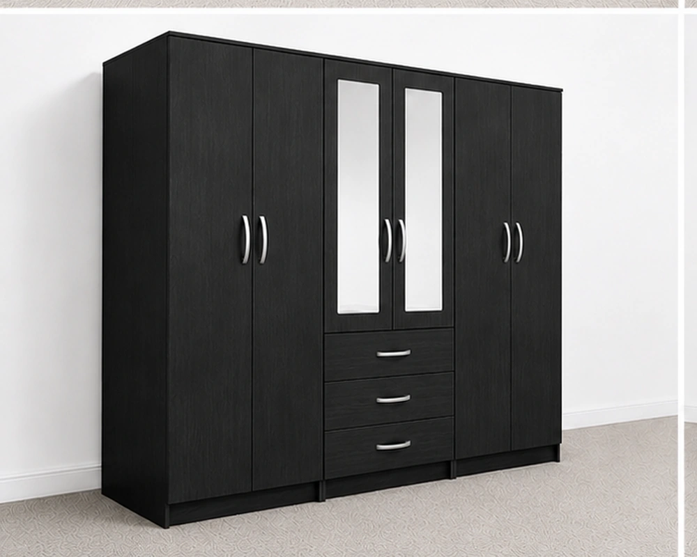 6 Door Black Wardrobe with 3 Drawers & Double Mirrors – Modern Bedroom Storage Cabinet
