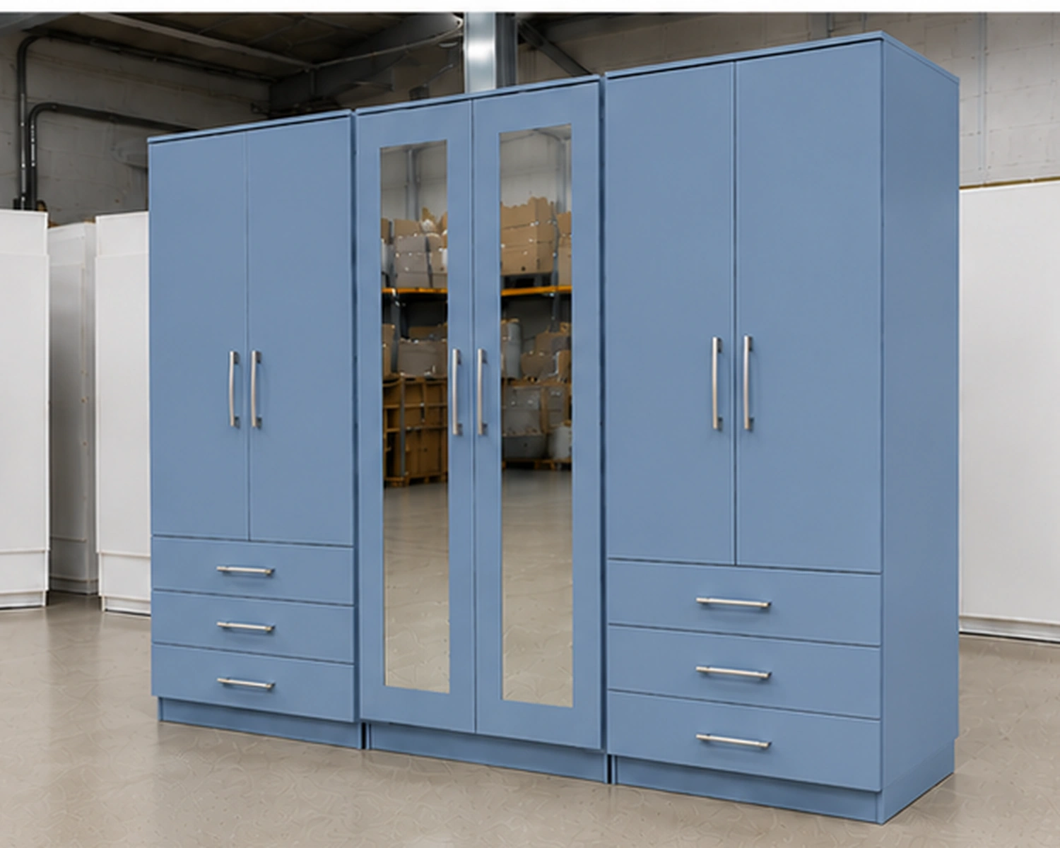 6 Door Blue Wooden Wardrobe with 6 Drawers & 2 Mirrors – Modern Bedroom Storage Cabinet - Image 4
