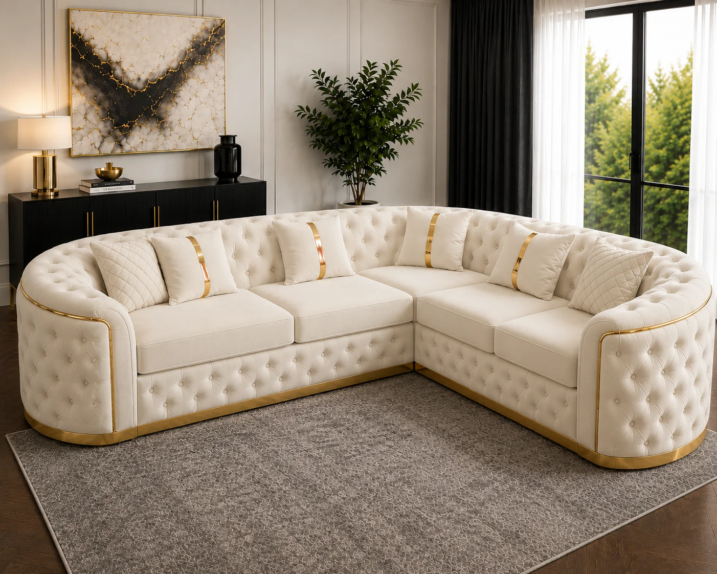 Executive White Velvet L-Shaped Chesterfield Corner Sofa with Gold Trim - Image 3