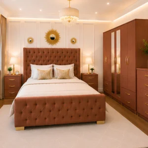 Designer Bedroom Furniture Set – Double Bed, Six Door Mirrored Wardrobe with Four Bottom Drawers & Matching Furniture