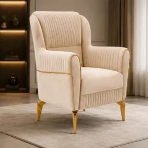 Luxury Cream Wingback Accent Chair – Fluted Upholstery with Gold Trim & Elegant Legs