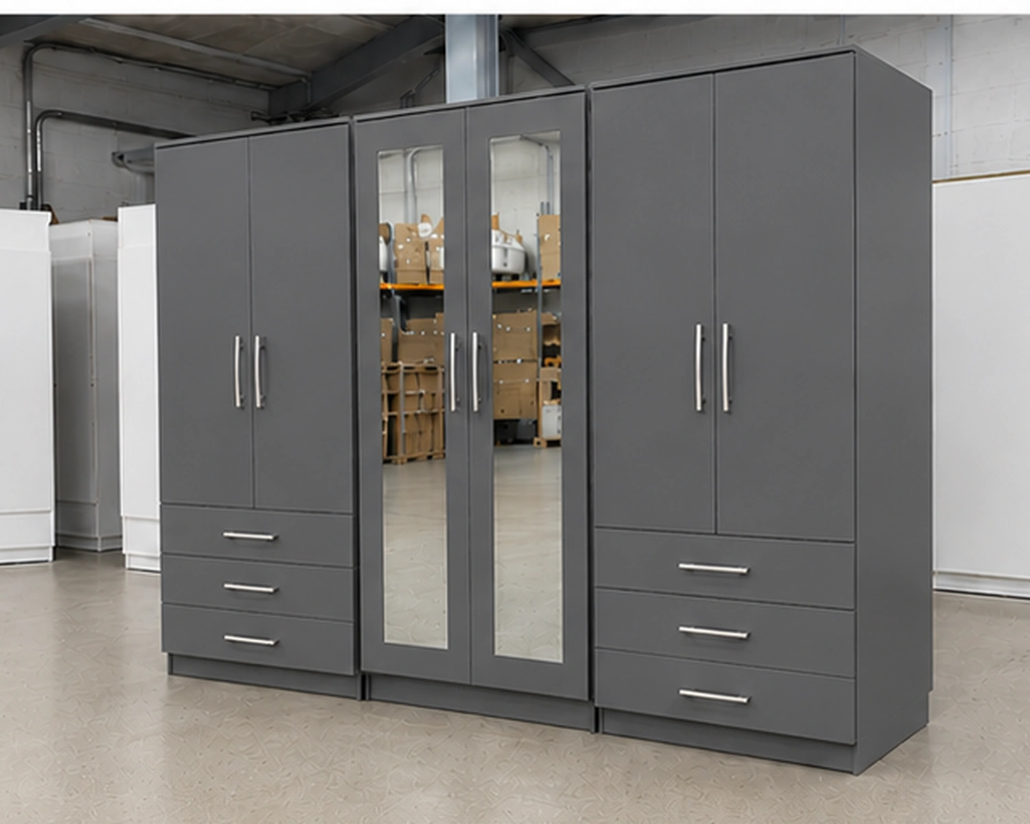 6 Door Light Grey Wooden Wardrobe with 6 Drawers & 2 Mirrors – Modern Bedroom Storage Cabinet - Image 3