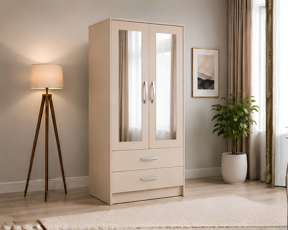 2 Door Wardrobe with Half Mirror & 2 Drawers with beige colors - Modern Two Door Wardrobe with 2 Drawers & 2 Mirrors - Image 2