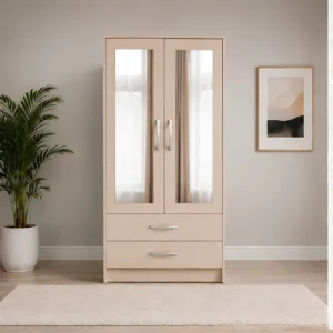 2 Door Wardrobe with Half Mirror & 2 Drawers with beige colors - Modern Two Door Wardrobe with 2 Drawers & 2 Mirrors