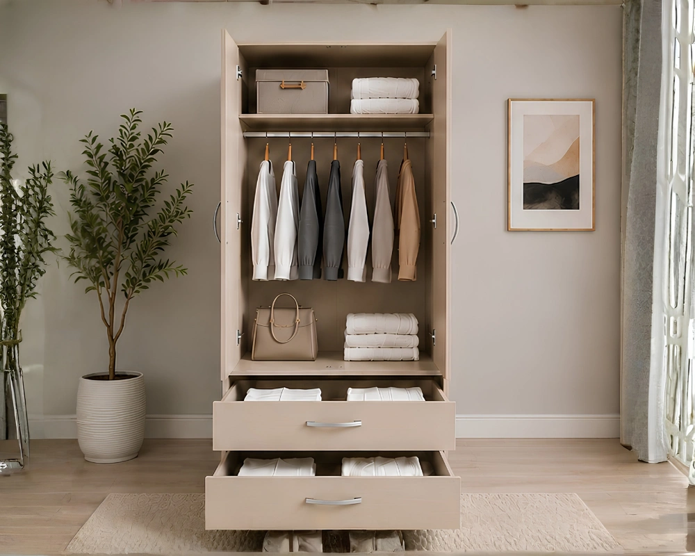 2 Door Wardrobe with Half Mirror & 2 Drawers with beige colors - Modern Two Door Wardrobe with 2 Drawers & 2 Mirrors - Image 4