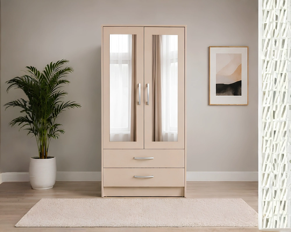2 Door Wardrobe with Half Mirror & 2 Drawers with beige colors - Modern Two Door Wardrobe with 2 Drawers & 2 Mirrors