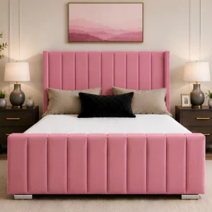 Mauve Pink Panel Bed with Mattress – Comfortable Wingback Double Bed with Mattress