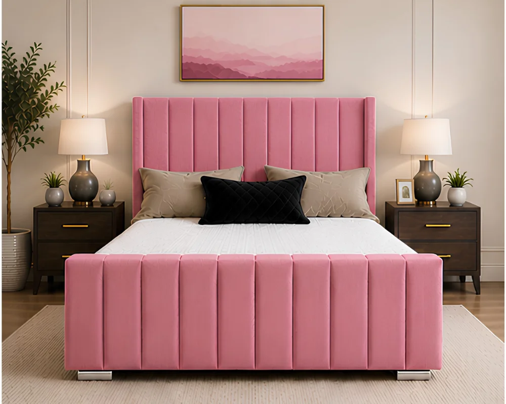 Mauve Pink Panel Bed with Mattress – Comfortable Wingback Double Bed with Mattress