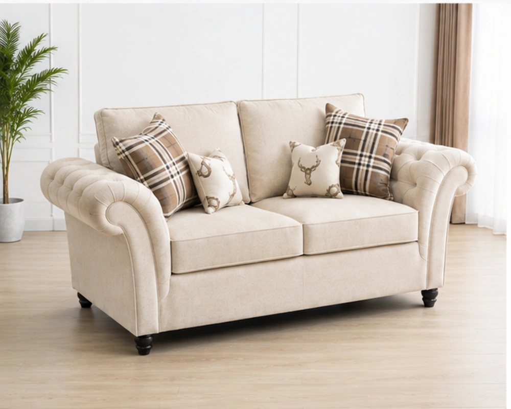 Luxury Cream 2 Seater Sofa – Classic Tufted Fabric Lounge Sofa - Image 4