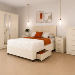 Contemporary Bedroom Bundle – King Size Bed Frame – 6 Door Wardrobe – Chest of 5 Drawers – 2 Side Cabinets