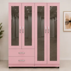Elegant 4 Door Mirrored Closet with 4 Mirror Panels and 2 Drawers for Clothes and Accessories