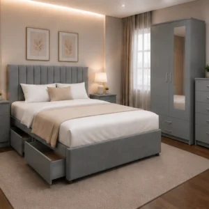 King Size Bed Bedroom Collection - Two Door Mirror Wardrobe With Bottom Drawer - Five Drawer Chest - Bedside Table Pair