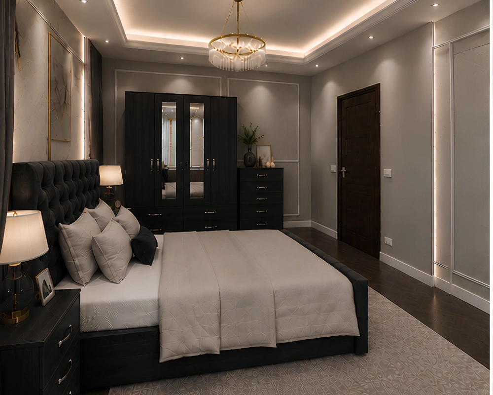 Complete Bedroom Furniture Collection – Double Bed, 4 Door Wardrobe with Two Half Mirrors, Chest of Five Drawers & Matching Bed Side Tables - Image 2