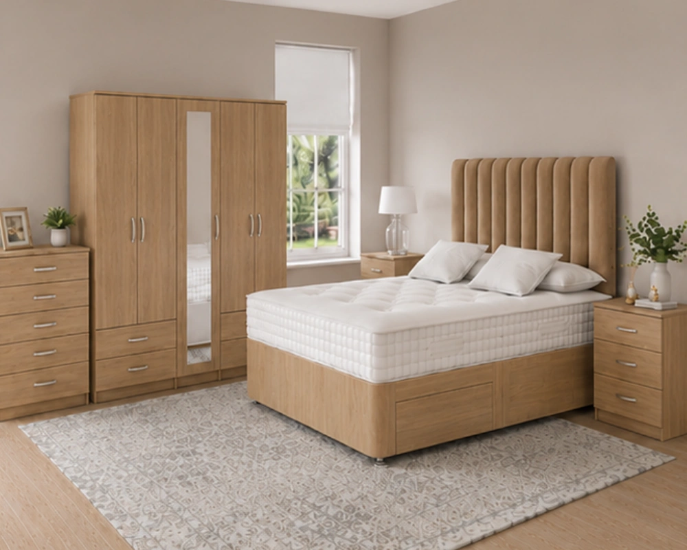 Luxury Home Bedroom Set – Double Bed with Five Door Wardrobe, Full Length Mirror, Four Bottom Drawers, Chest of Drawers & Two Bed Side Tables - Image 2