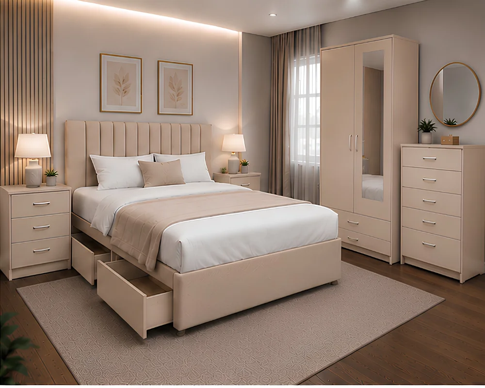 Complete Beige Bedroom Furniture Collection - Bed, Wardrobe, Chest of Drawers & Side Tables - Image 4