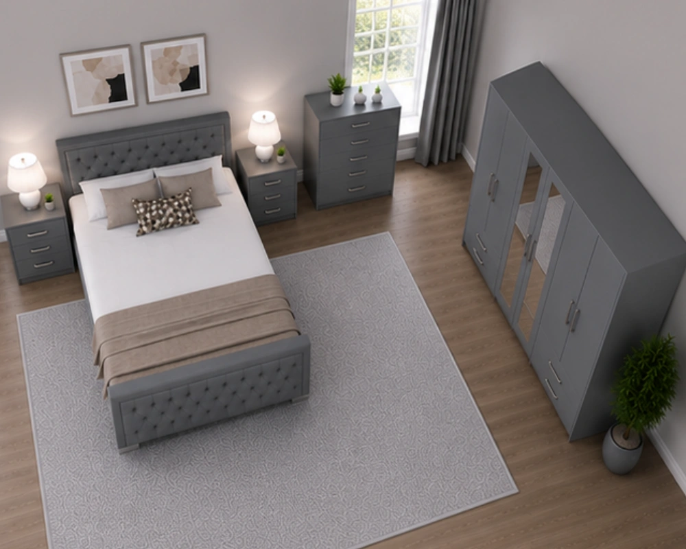 Modern King Bed Set with Four Door Wardrobe With Four Drawer - Chest of Five Drawers With Two Bed Side Table - Image 3